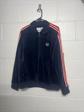 y2k Sergio Tacchini Navy Velour Track Jacket with Red & White Stripes